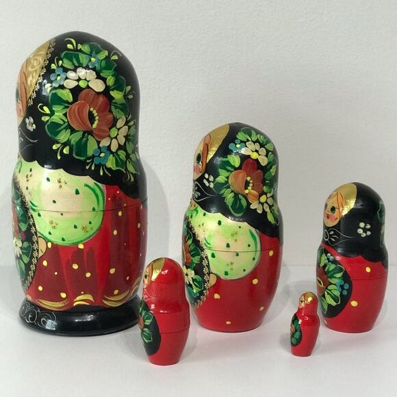 Signed Set of 5 Vintage Nesting Doll Matryoshka Russian Hand Painted Gold Gilt - Picture 11 of 16
